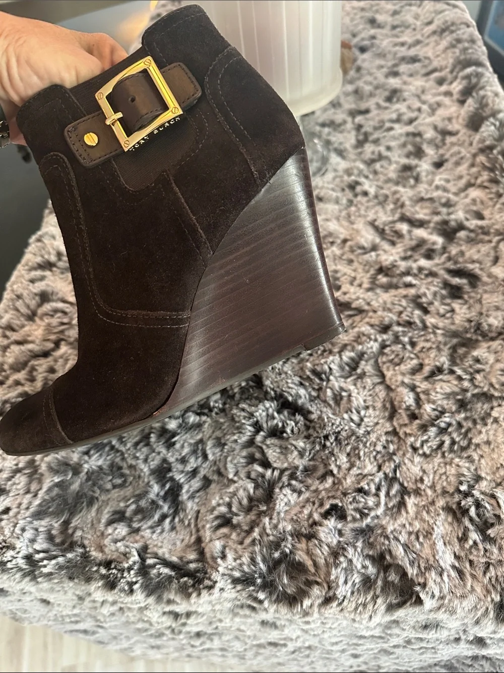 Tory Burch Dark Brown Suede Wedge Ankle Boots with Gold Buckle wore once